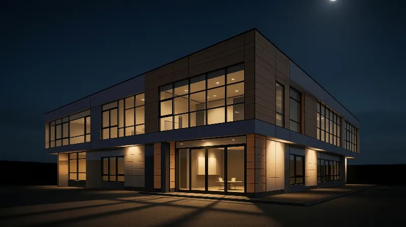 Modern Two-Story Building at Night