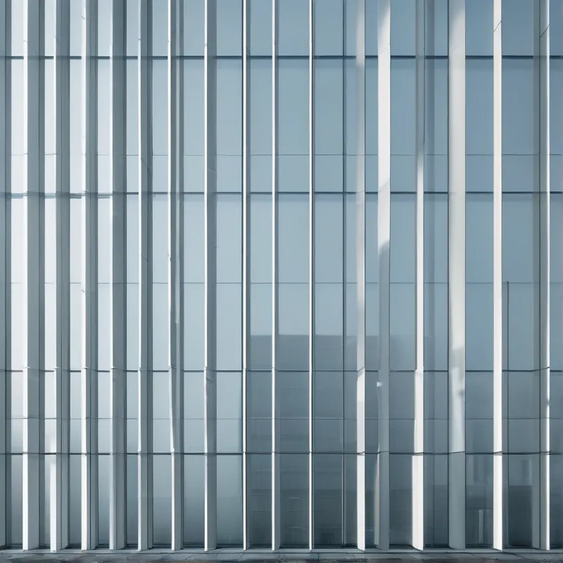 A modern building facade shows vertical glass panels with white mullions in soft daylight