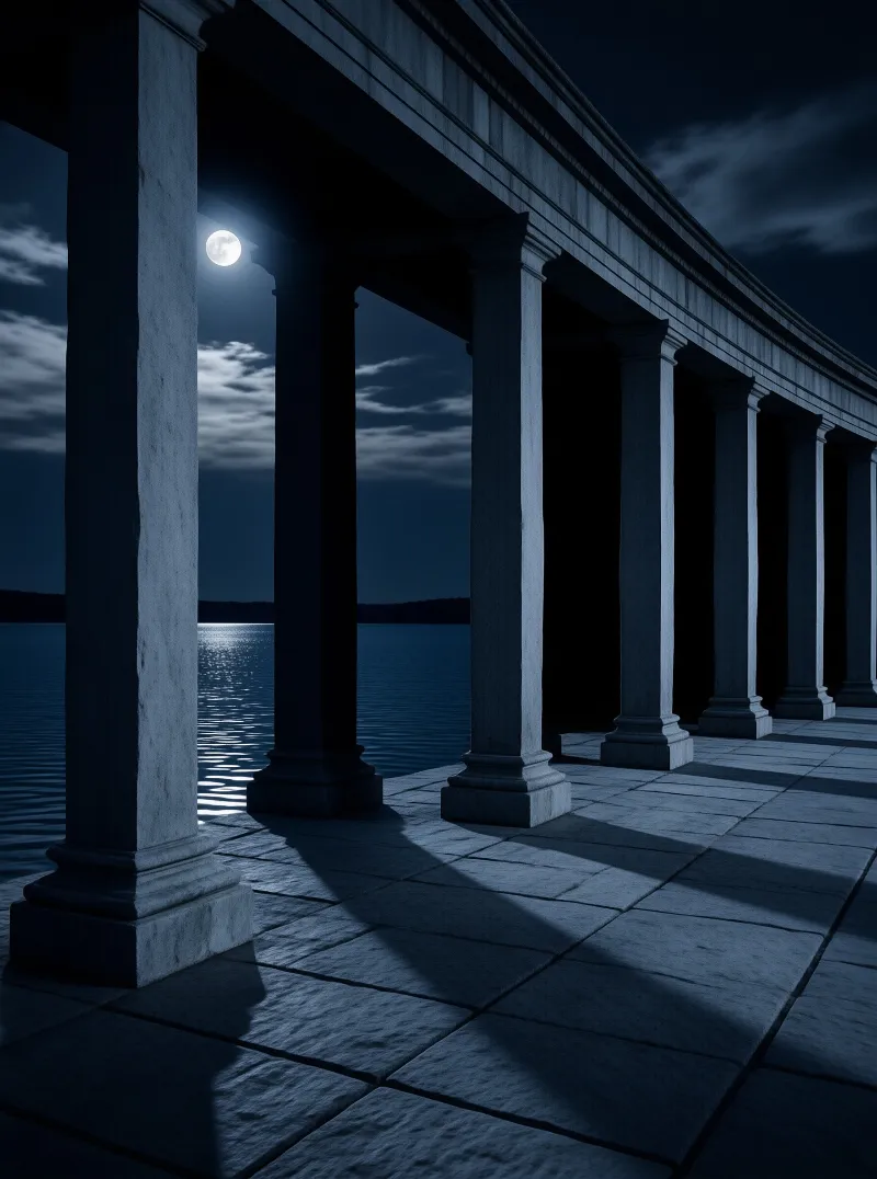 Stone columns line a paved terrace overlooking a dark lake where moonlight reflects on the water surface.