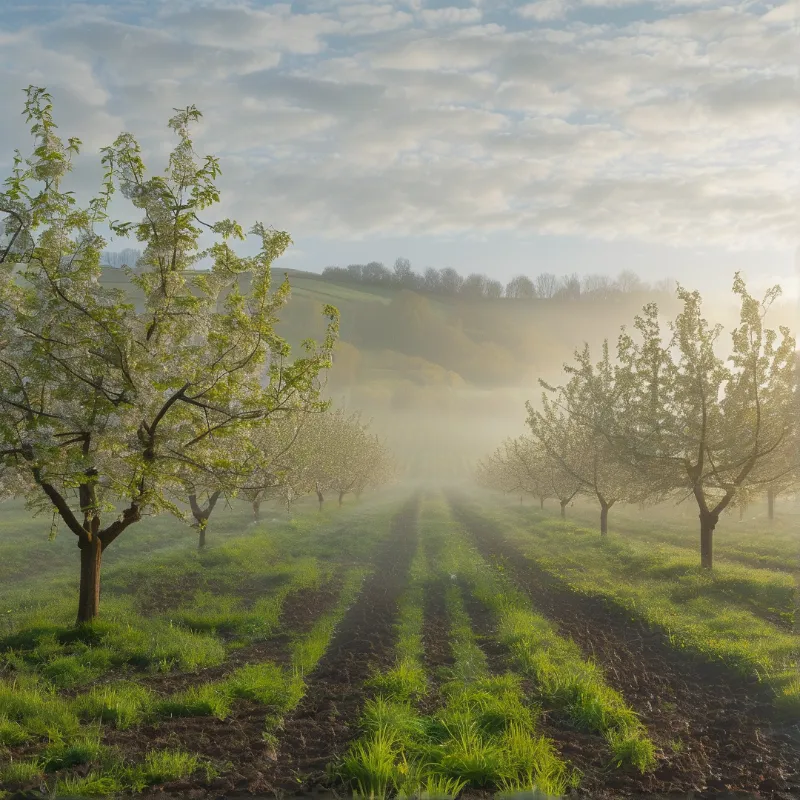 Misty Orchard at Sunrise