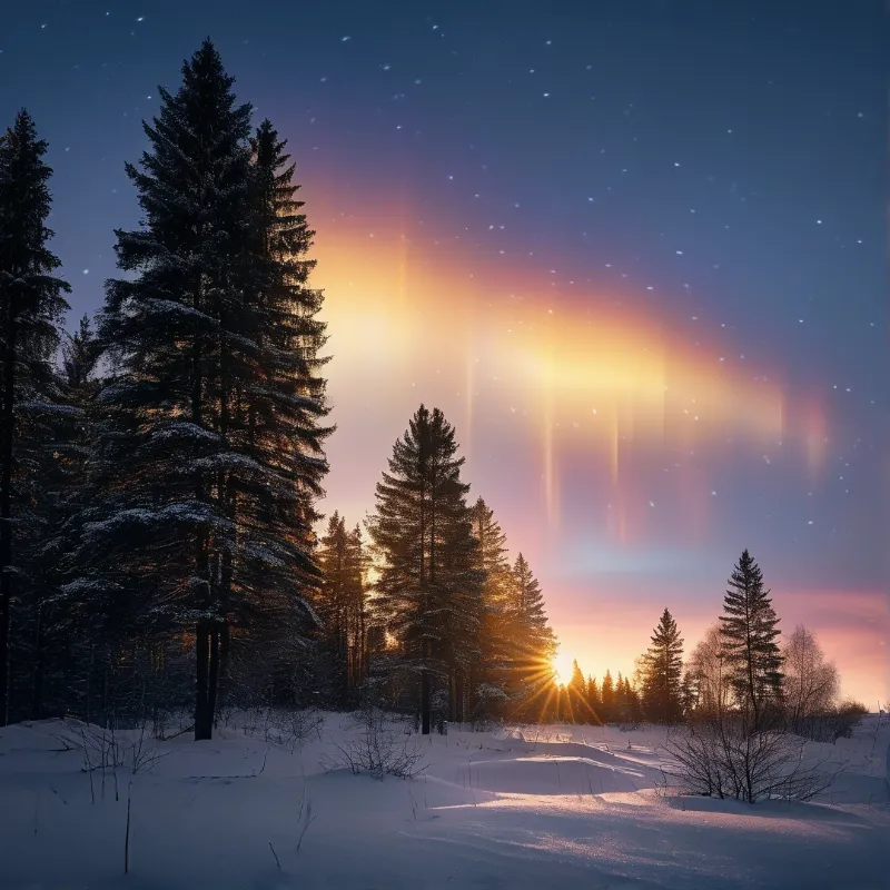 Snowy Forest Aurora Sunset