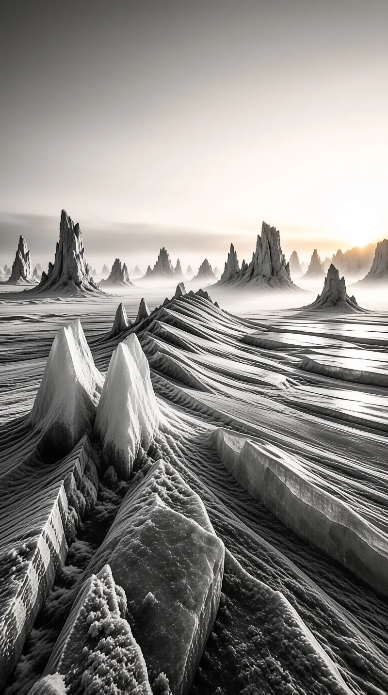 A vast landscape of sharp stone spikes emerging from a rippled desert floor under a soft glowing sky.
