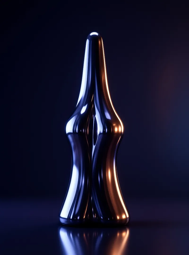A tall twisted metallic object stands against a dark blue background reflecting warm orange and cool blue light.