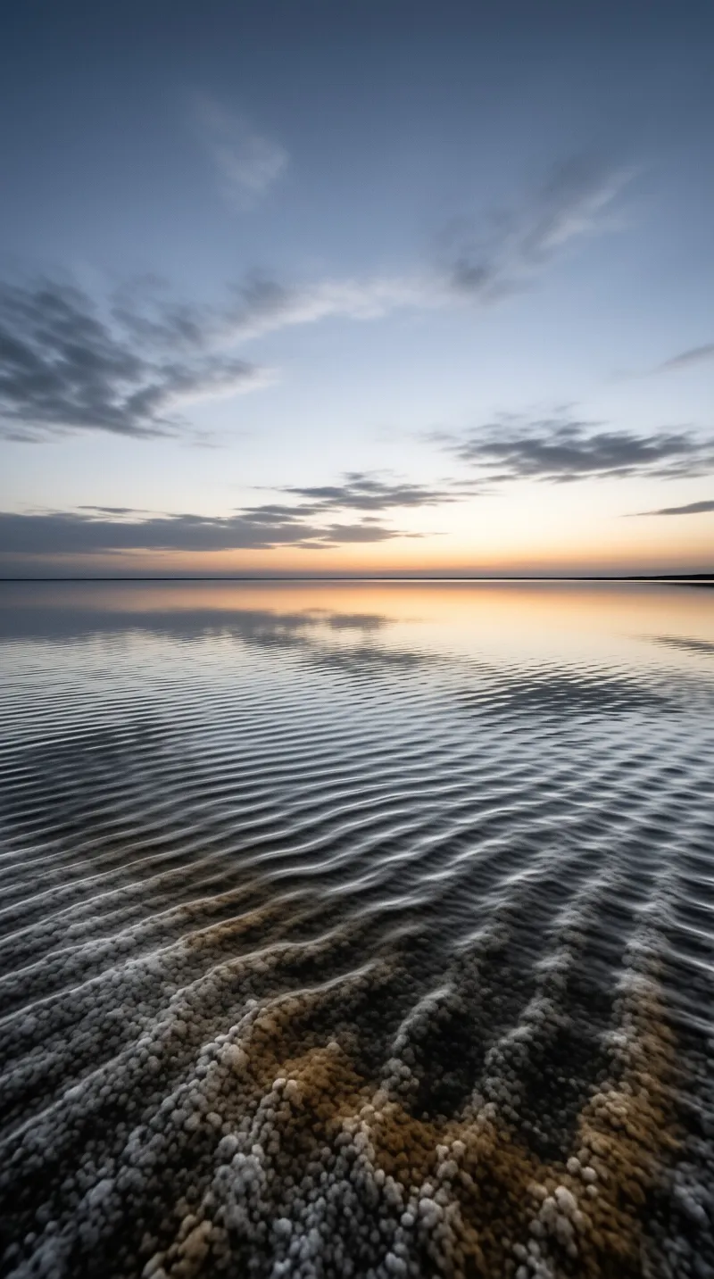 A vast expanse of rippled water reflects the gradient colors of a twilight sky filled with thin clouds.