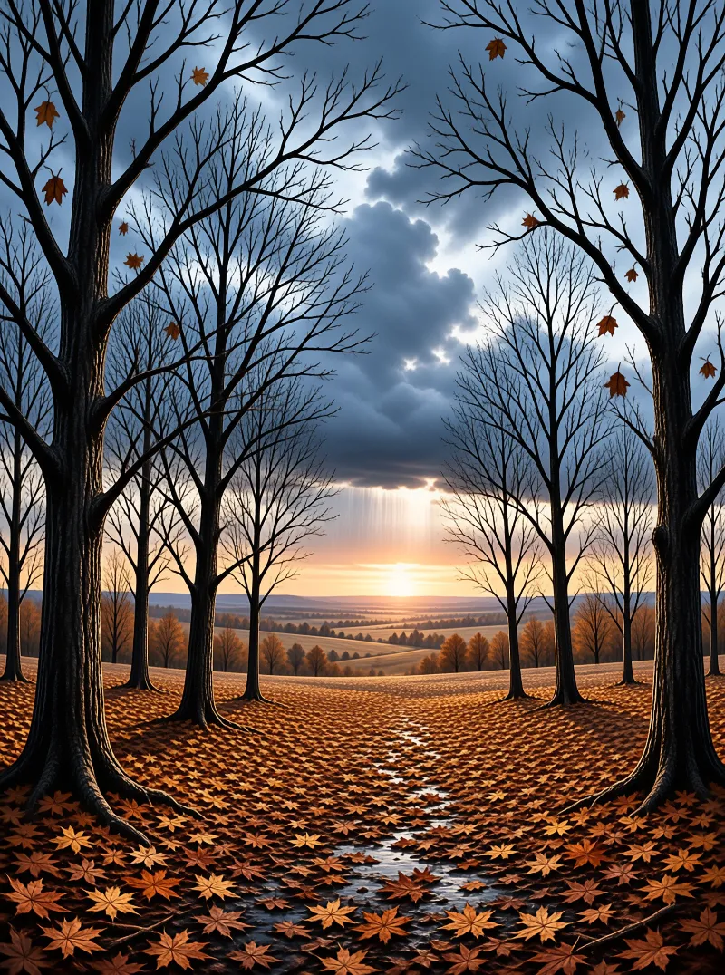 Bare trees line a leaf-covered path leading toward a bright sunset breaking through dark clouds above rolling hills.