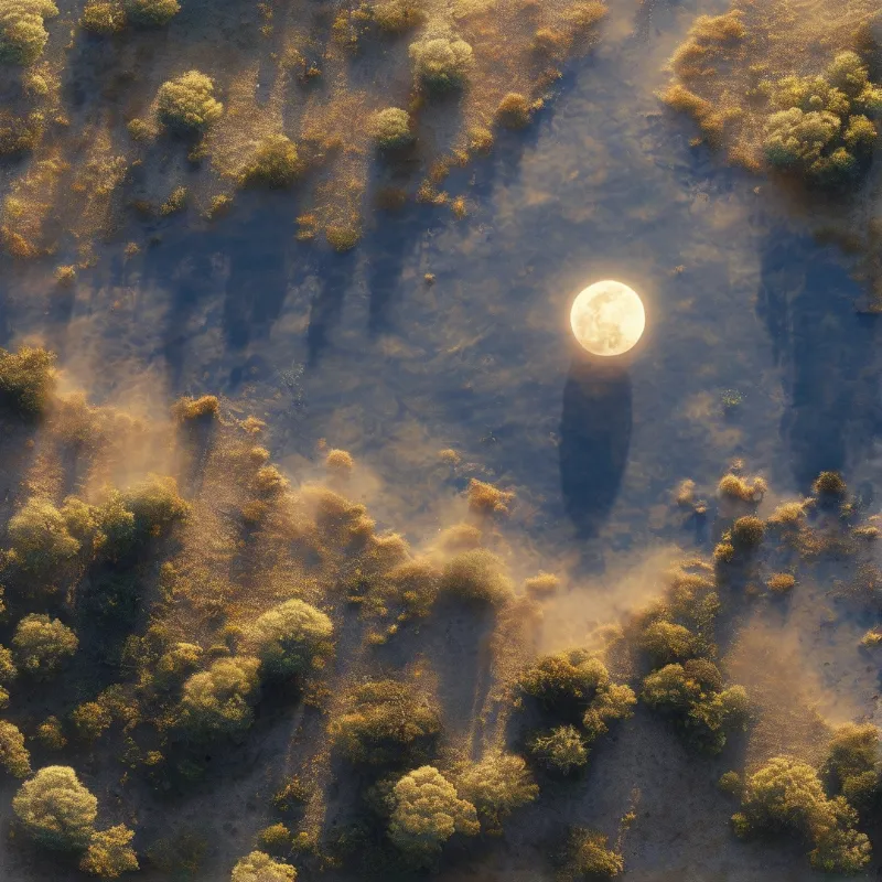 A luminous full moon hovers above dark still water where golden shrubs and long shadows spread across the plain.