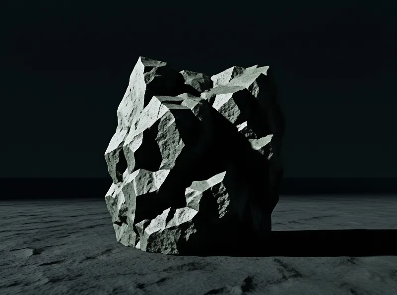 A rugged angular dark rock monolith sits on a flat desolate grey plain under harsh light casting a long shadow to its right.