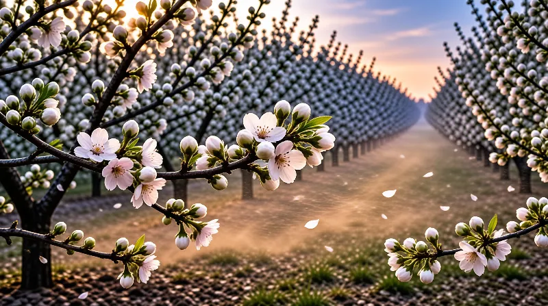 Rows of white flowering trees stretch into a foggy distance while sunlight illuminates petals and buds in the foreground.