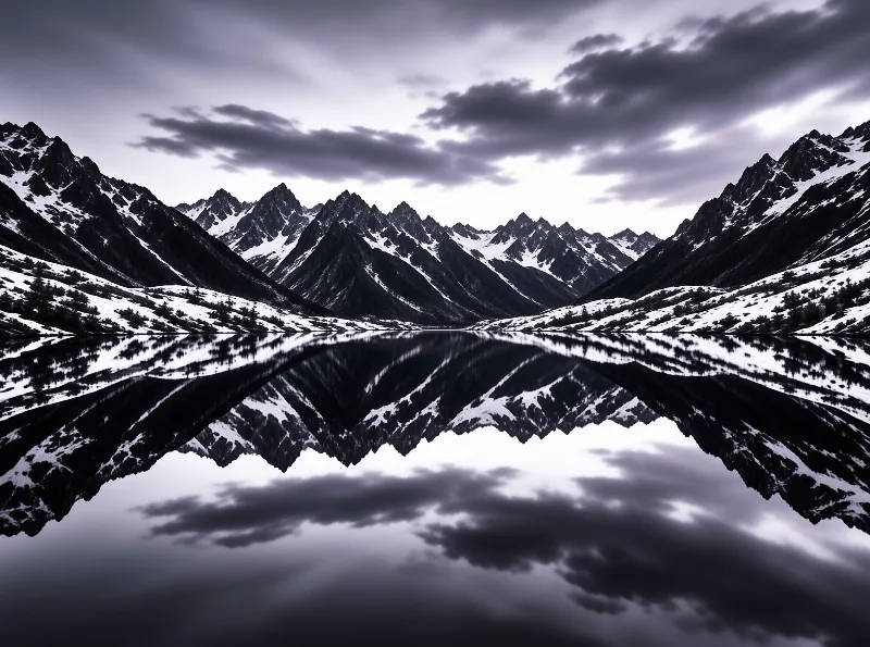 A black and white landscape shows snow covered mountain peaks mirrored in a calm lake beneath heavy clouds.