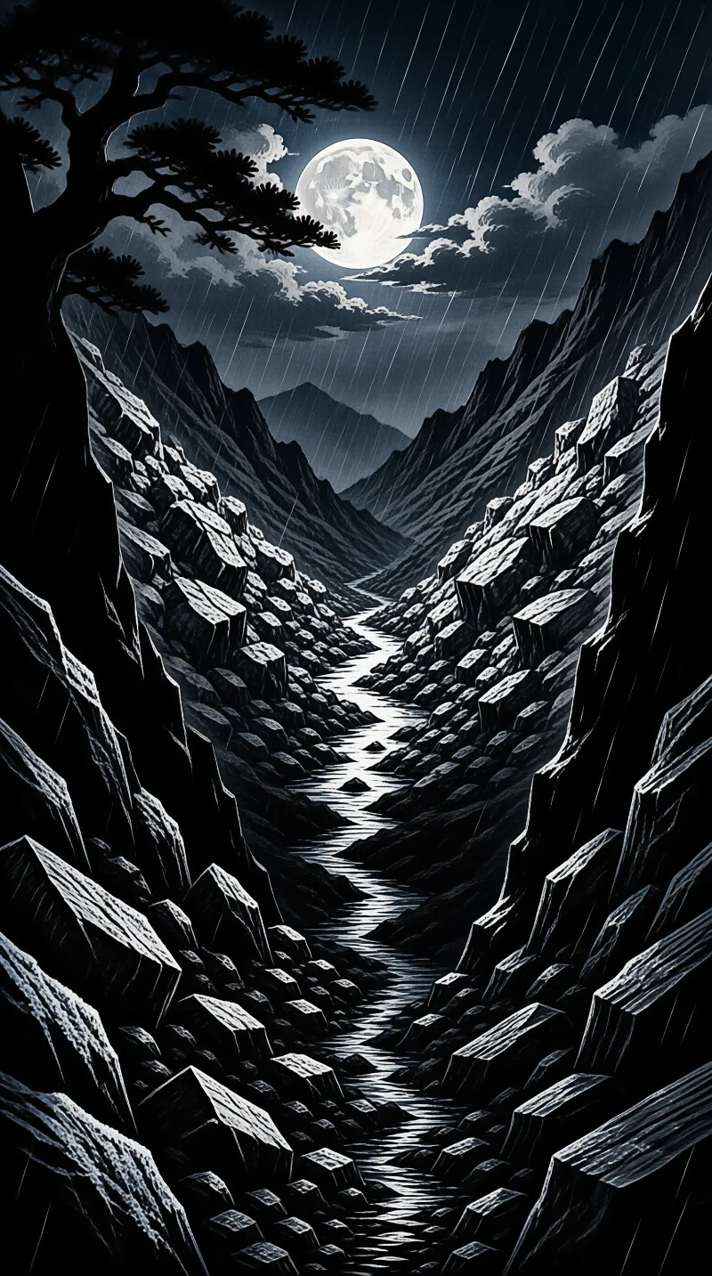 A dark river winds through jagged mountains while rain falls beneath a bright full moon and clouds.