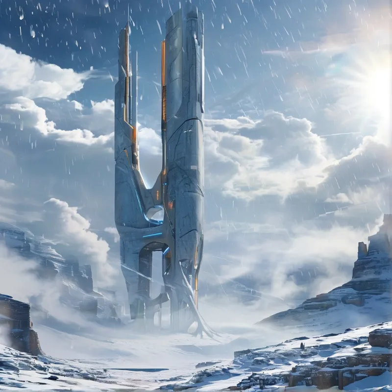 A towering futuristic structure rises from a snowy valley with bright sunlight breaking through clouds.