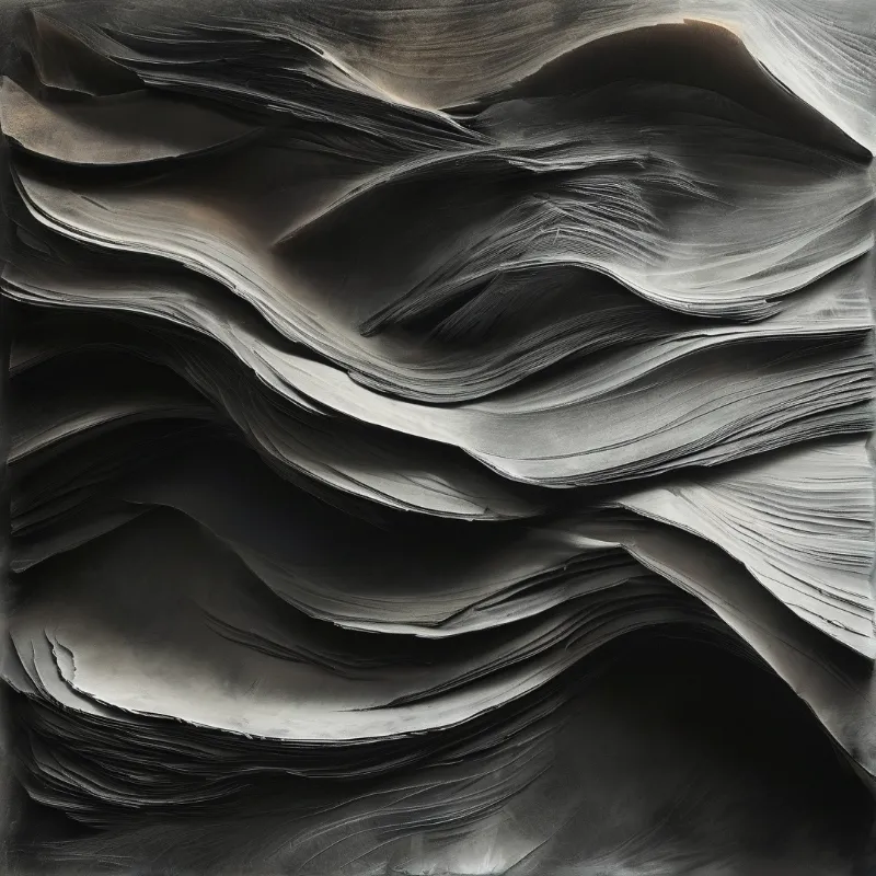 Abstract grey and black strata resembling folded fabric or paper sheets curving dynamically through high contrast lighting.