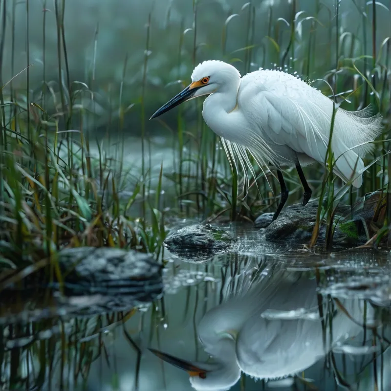 A snowy egret bends low over still water among green reeds, its mirrored reflection rippling beneath wet feathers.