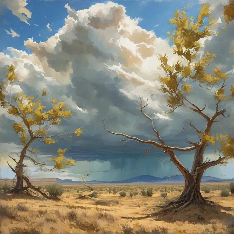 Two gnarled trees with yellow leaves stand in a dry field as massive grey clouds gather over distant mountains.