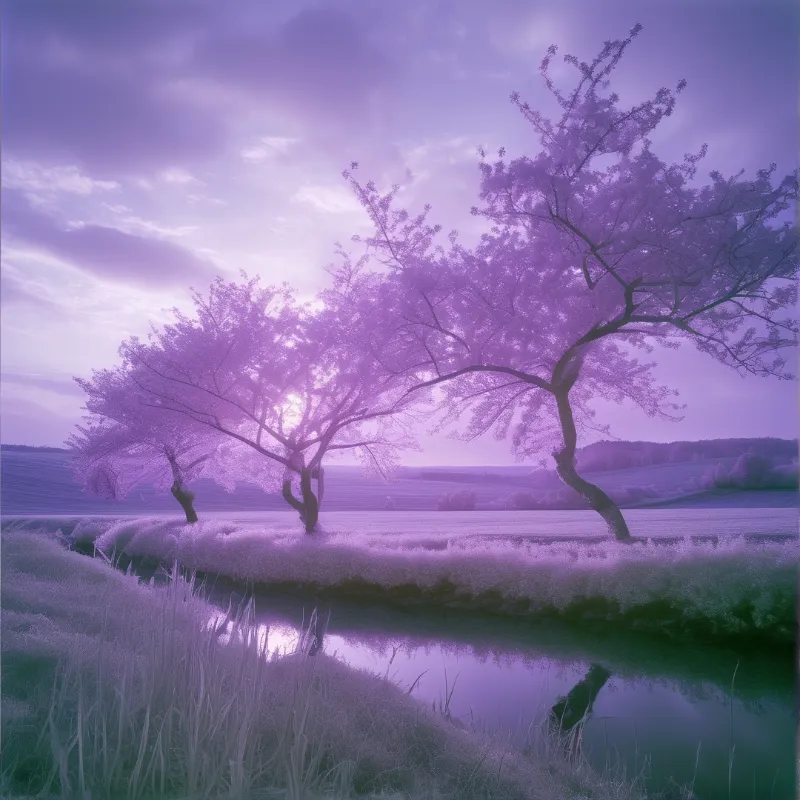 Tranquil water surface mirrors the overcast atmosphere above the rolling green terrain.