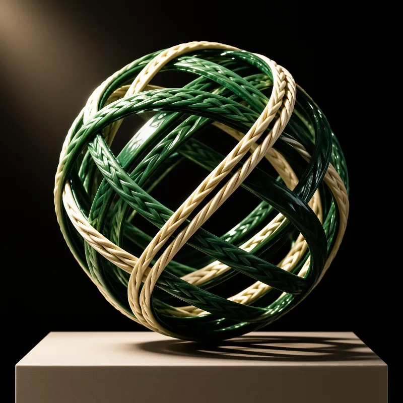 Interwoven green and cream braided rings form an open sphere displayed on a pale pedestal against black.