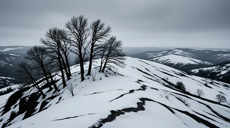 A group of bare trees stands on a snowy ridge with rolling hills in the background.