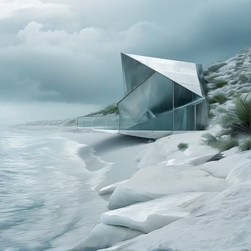 A sleek angular building with glass walls sits on snow-covered dunes beside a calm ocean under overcast clouds.