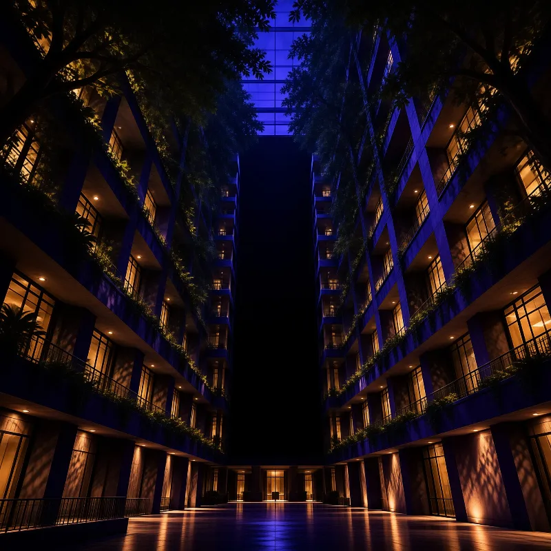 A symmetrical view of a multi-story hotel building at night featuring illuminated balconies with lush green plants hanging from railings while warm yellow light spills out from the windows contrasting with the deep blue darkness of the sky above.