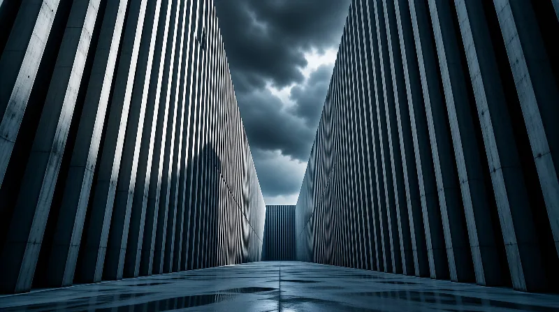 A fluted concrete corridor has a wet reflecting floor, with dark storm clouds filling the sky above its far end.