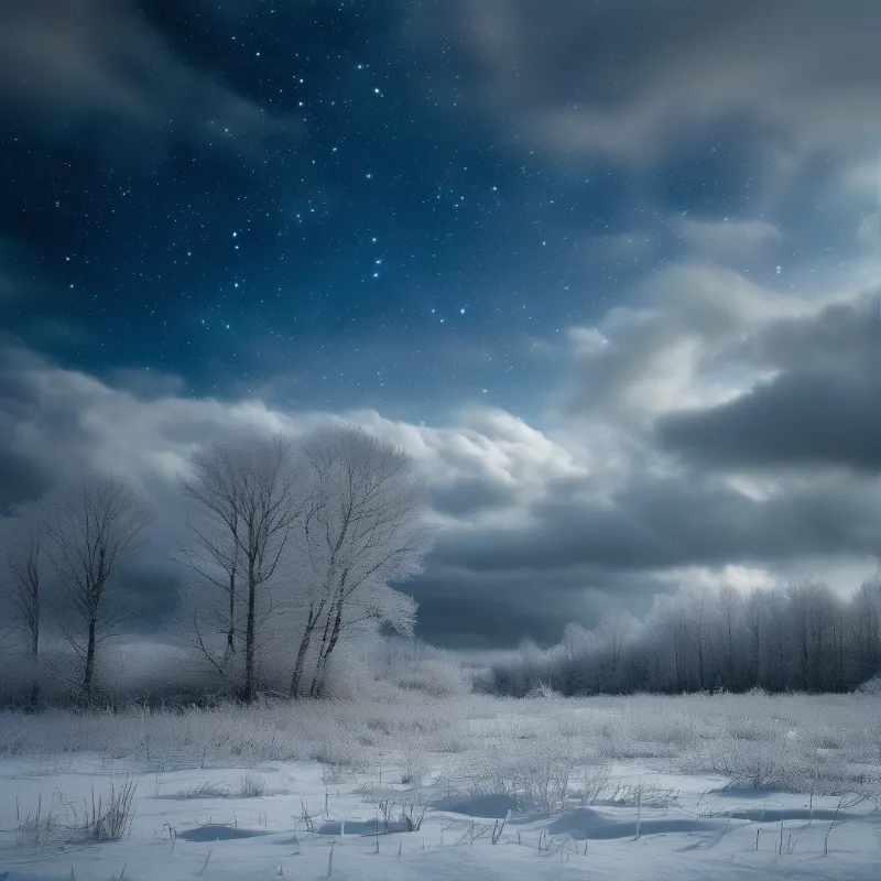 A landscape of frosty trees stands under a dark blue sky filled with bright stars and drifting clouds.