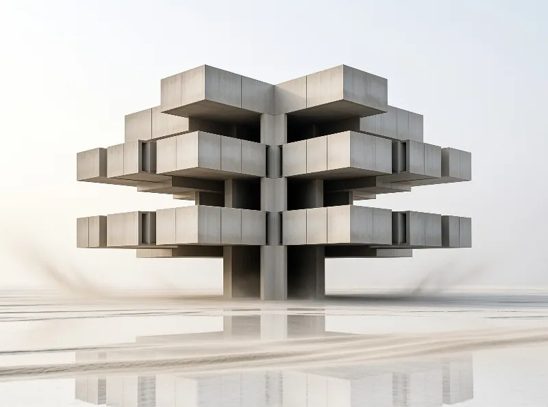 Modular concrete blocks branch outward like a stylized tree, mirrored on a polished wet floor against a pale backdrop.