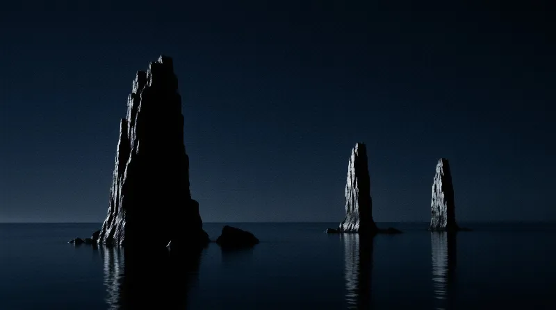 Three tall rock formations stand in calm dark blue water with clear reflections under a twilight sky.