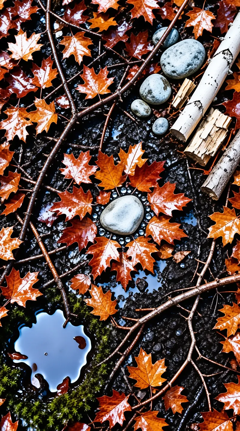 Vibrant autumn maple leaves surround smooth grey stones and a birch branch on a dark, rain-soaked forest ground.