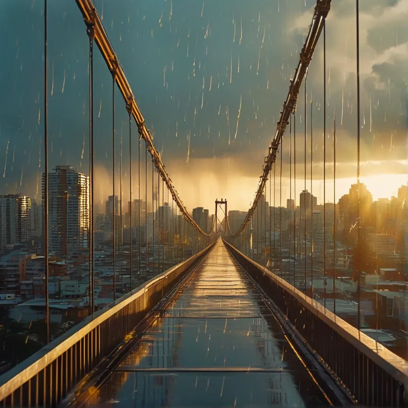 A wet suspension bridge stretches towards a city skyline under heavy rain and bright sunset light.