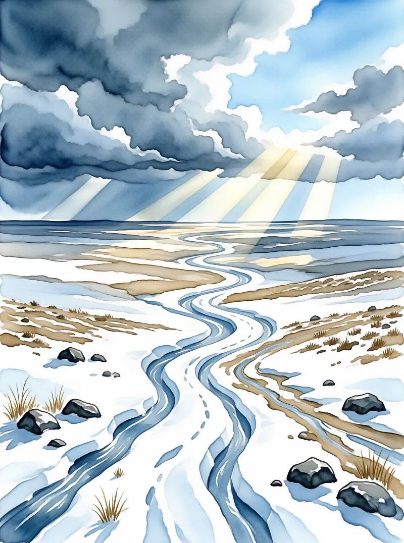 Meandering braided streams wind across pale salt flats lined with dry grass and dark rocks, while bright sun rays pierce thick grey clouds above the far ocean.