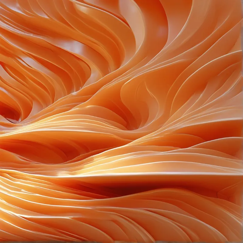 Close up view of flowing glossy orange folds resembling draped fabric with deep shadows and bright highlights