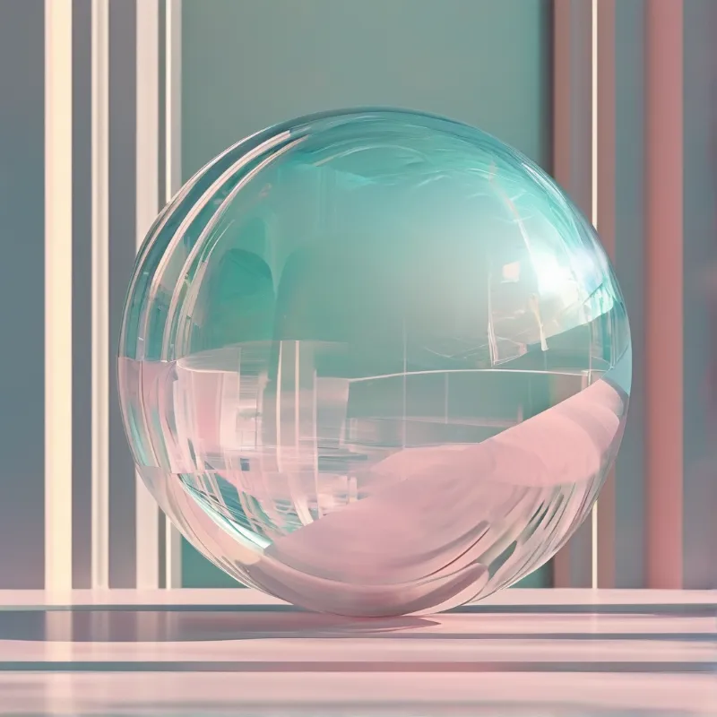 A large transparent glass sphere rests on a glossy white surface surrounded by vertical columns painted in soft pastel shades of teal and pink while the orb refracts the surrounding structure creating distorted geometric patterns within its curved volume illuminated by soft diffused light that casts a cool color palett