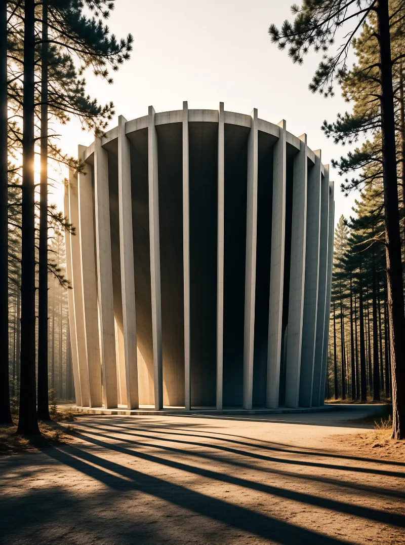 A ribbed cylindrical concrete building sits in a pine forest, warm low sun casts long parallel shadows across the foreground