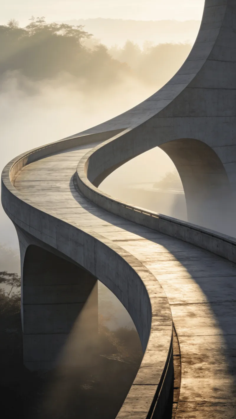 Bridge with Curved Concrete — Foggy Morning