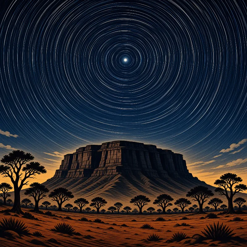 A massive rocky formation rises above sparse trees while concentric star trails circle the dark sky.