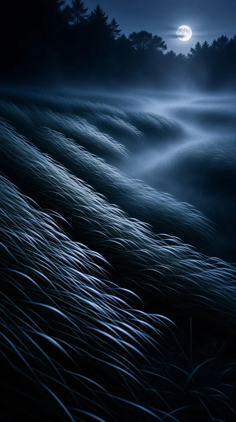 Wind swept grass dominates the foreground as thick fog fills the valleys beneath a glowing moon.