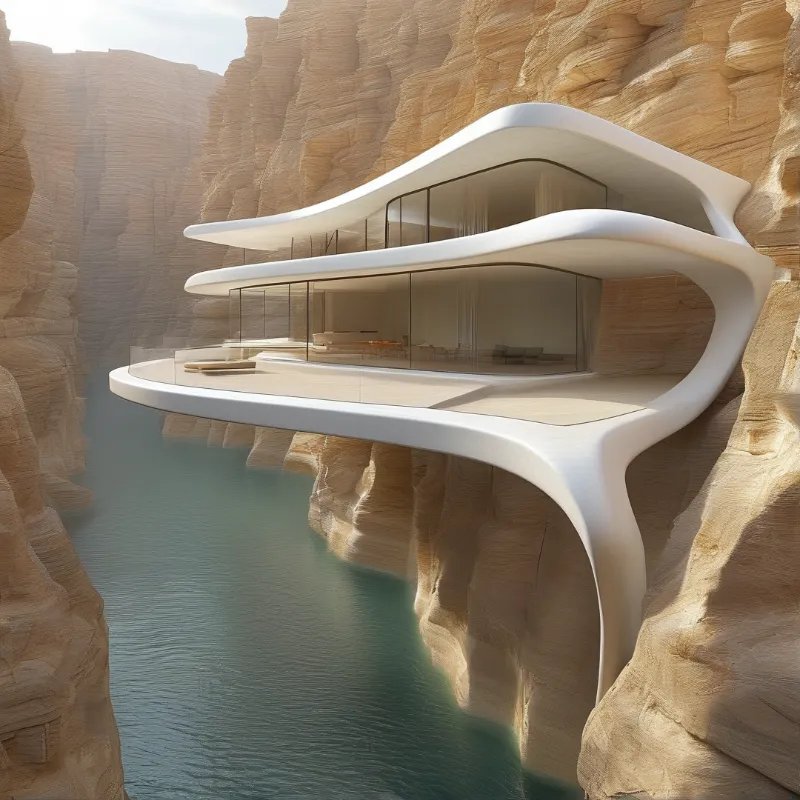 A curved white residence extends from sandstone canyon walls above a river.