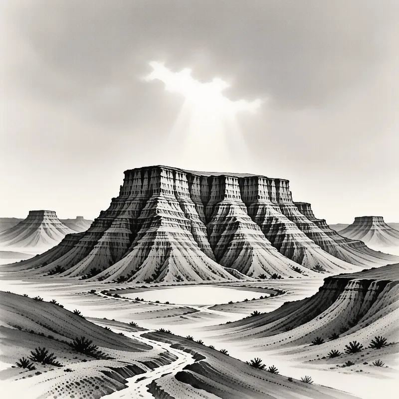 A tiered flat topped butte in a sparse desert basin has a meandering dry stream bed under sunlight passing through cloudy skies.