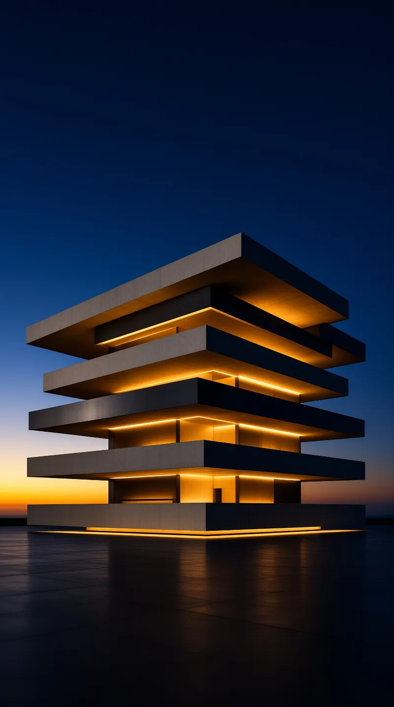 Stacked concrete layers of a modern building glow with warm amber light against a deep blue twilight sky horizon.