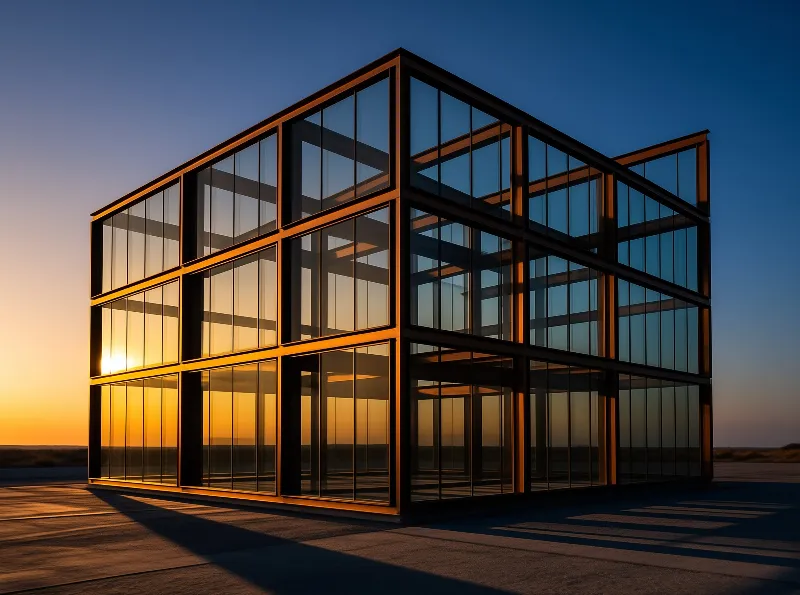 A modern glass cube structure stands on a flat plain during sunset with orange light reflecting on its windows.