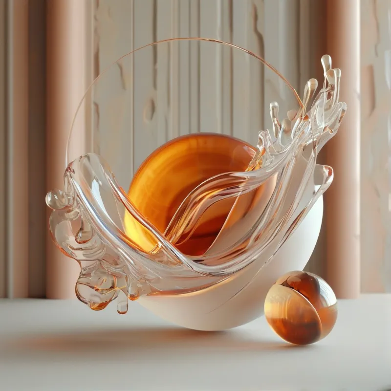 A resin and glass amber sculpture rests on a pale surface against warm textured vertical panel walls with soft illumination