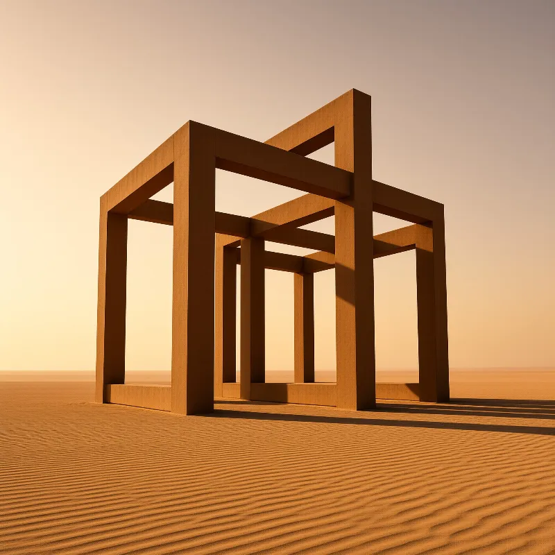 A monolithic geometric frame stands in a vast desert casting long shadows under a warm gradient sky.