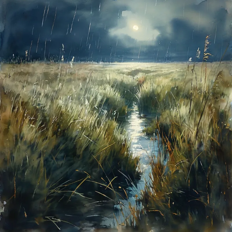 A grassy field under a stormy sky with rain falling and moonlight reflecting on a winding stream.