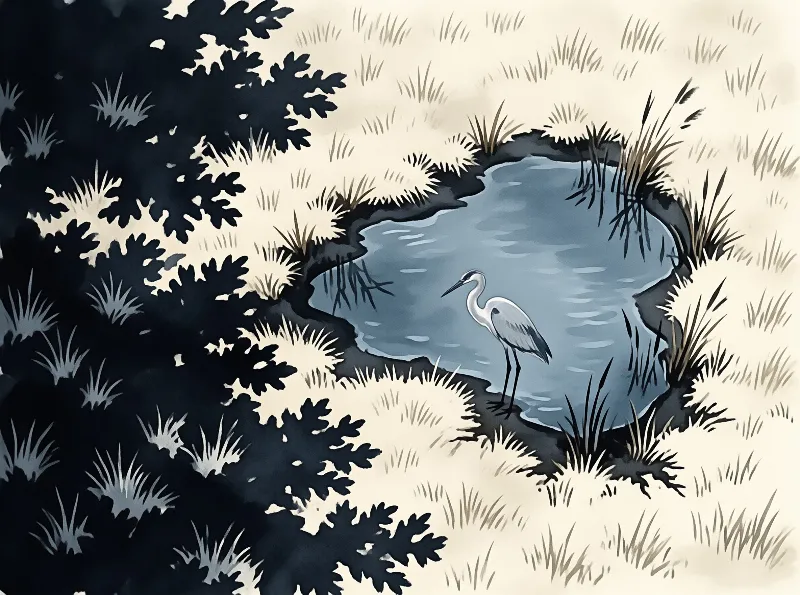 A white heron stands in a small pond surrounded by grass and deep shadows on the left side of the frame.