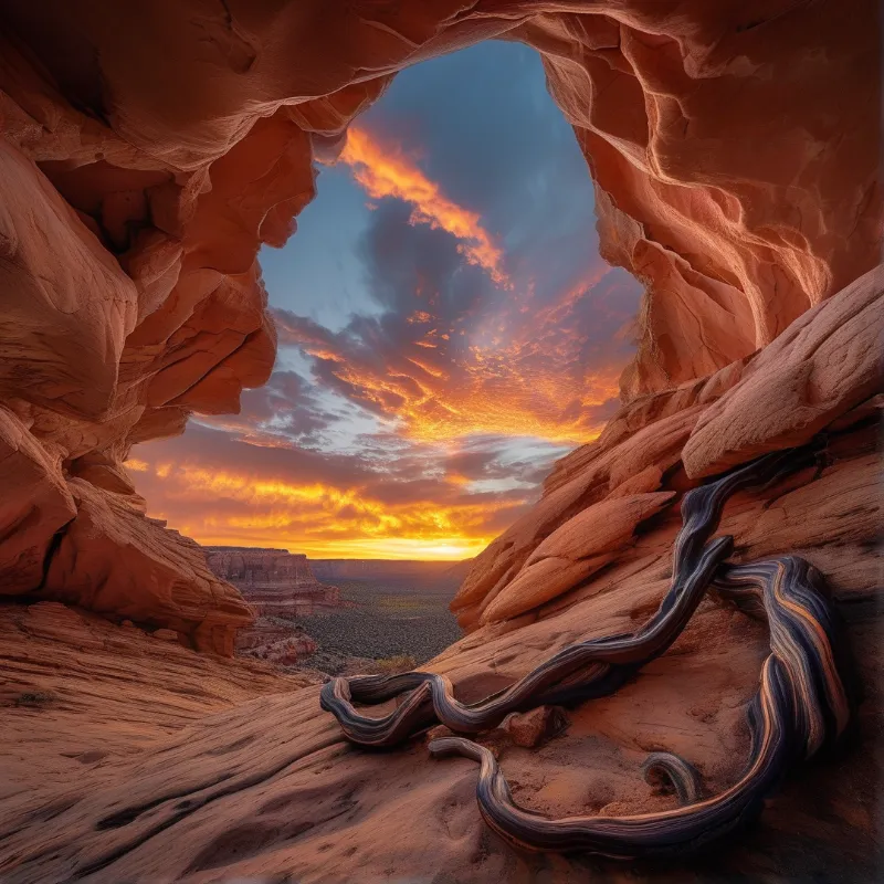 Natural rock arch frames fiery sunset sky with orange clouds over the canyon while layered stone curves in foreground.