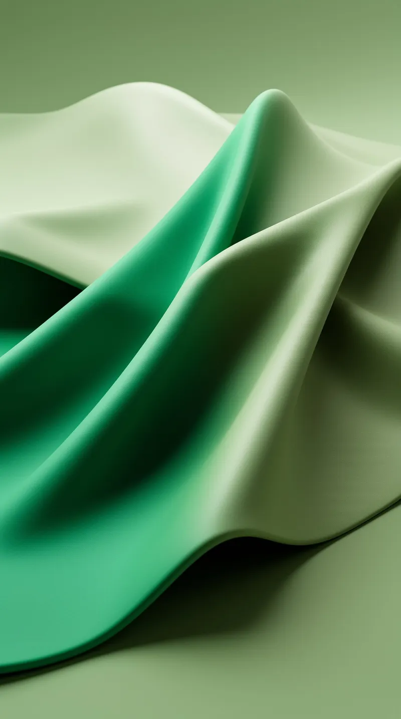 Soft green fabric waves gently across a monochrome studio setting with smooth gradients.