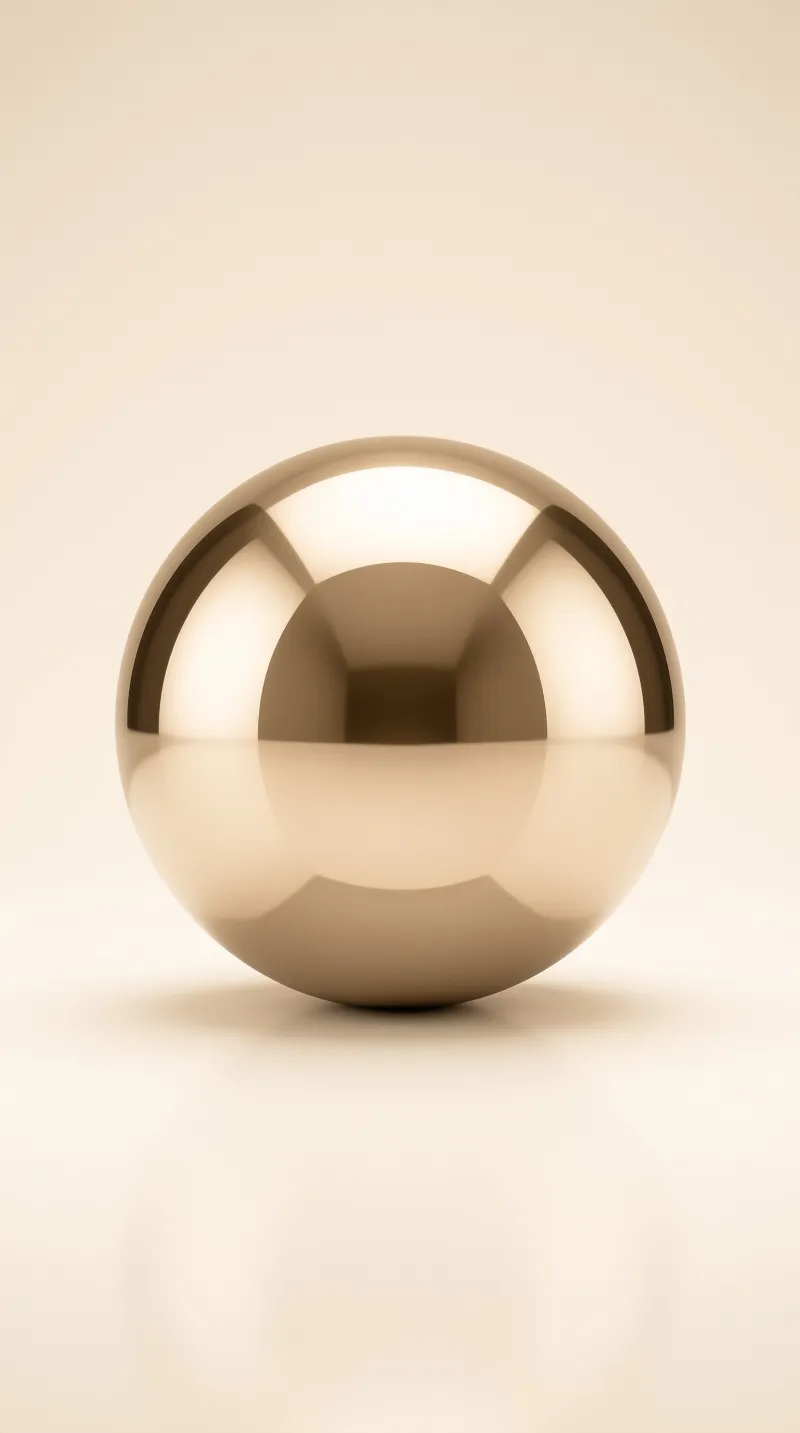 A polished metallic sphere rests on a seamless beige floor with soft lighting casting a faint shadow below.