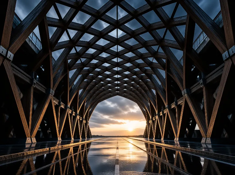 Looking through a complex wooden lattice tunnel towards a glowing sunset reflected on the damp ground.