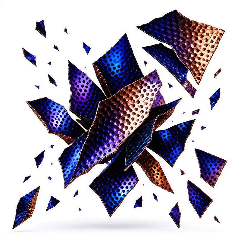 Abstract composition of shattered metallic fragments in blue and copper tones against a white background