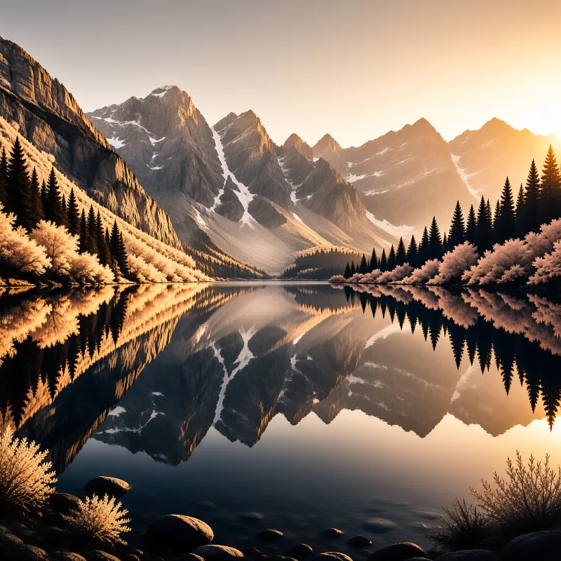 Frost-covered conifers and snowy mountain ranges are perfectly mirrored in the glassy calm alpine lake, bathed in warm golden evening light.